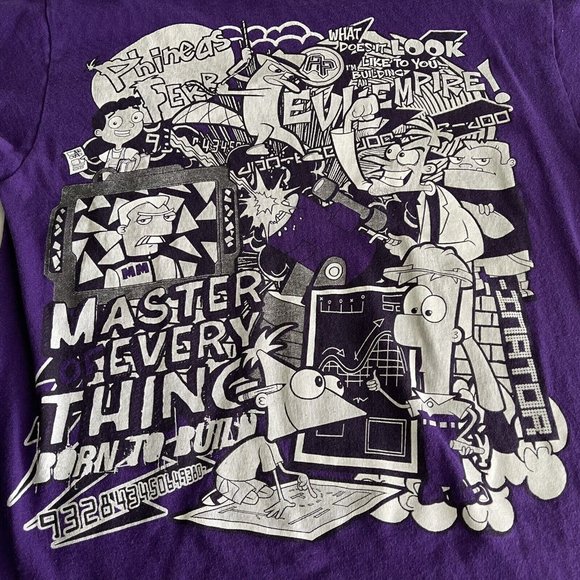 Phineas and Ferb Graphic T-Shirt Size XXL 18 Purple Master Everything Cartoon - Picture 3 of 8